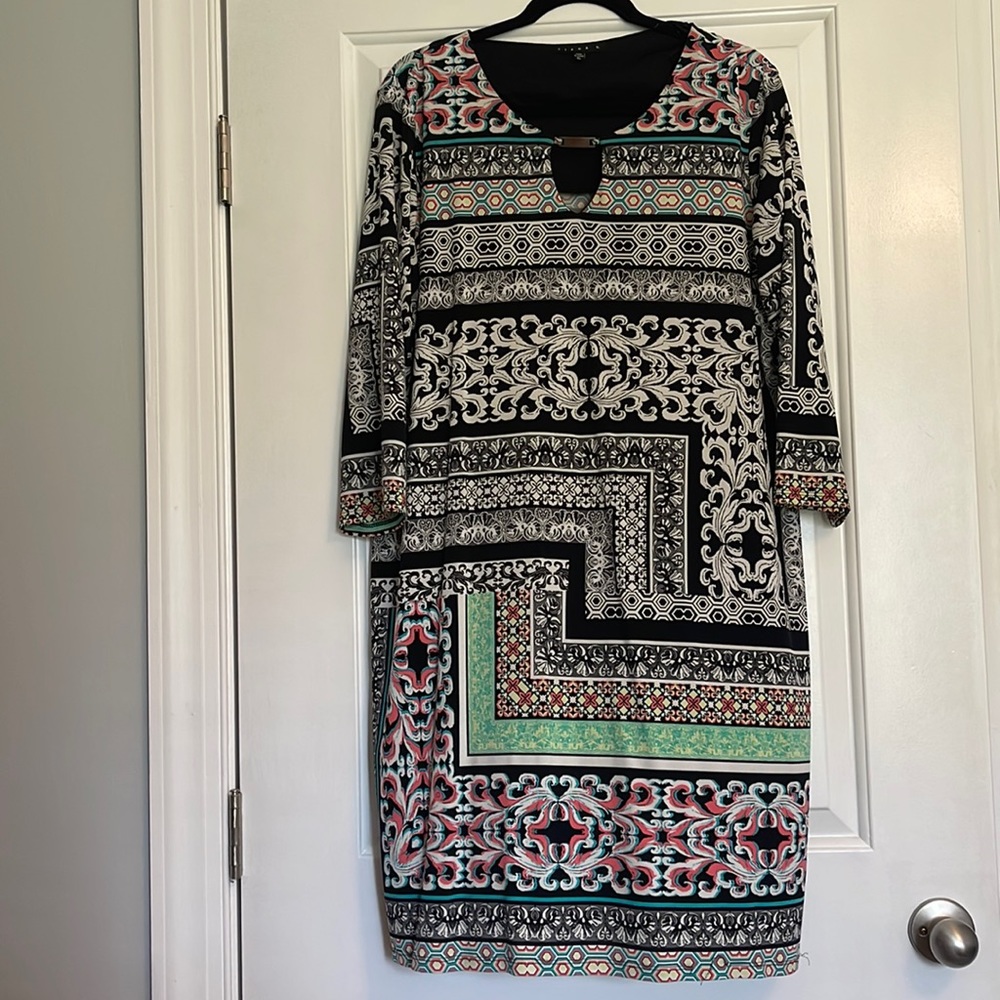 Floral and geometric print dress